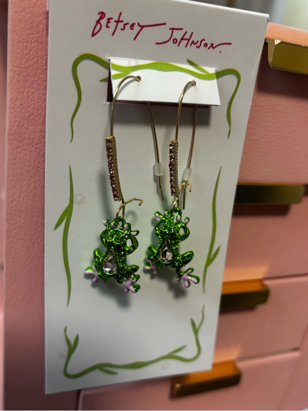 Betsey Johnson Green Frog Dangle Earrings with Pink Accents